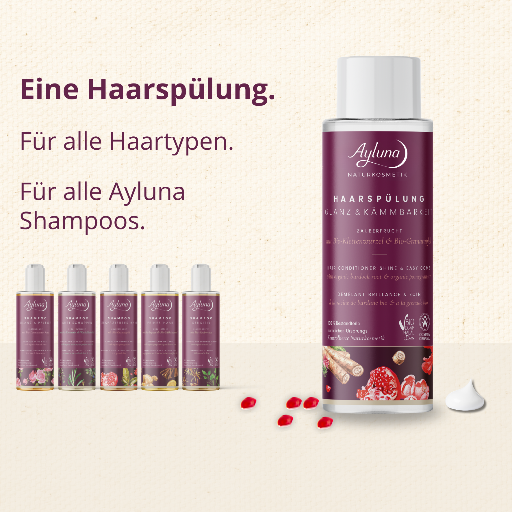 Unsere Haarspülung pflegt jedes Haar und ergänzt jedes Ayluna-Shampoo perfekt – für geschmeidiges Haar, jeden Tag. Jetzt entdecken!